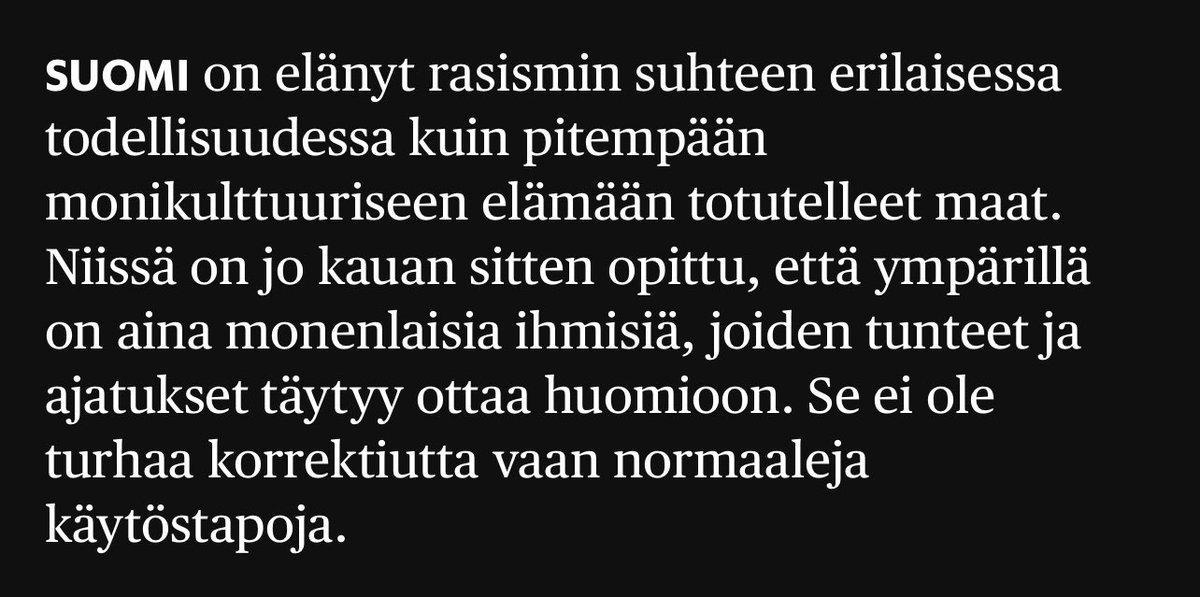 Leif Hagert (@leif_hagert) on Twitter photo .<a href="/SaskaSaarikoski/">Saska Saarikoski</a> kirjoitti hyvän kolumnin suomalaisesta rasismista.
Kuitenkin tästä kohdasta tekstiä voi saada käsityksen, että Suomi ei olisi ollut monikulttuurinen. 1/3
hs.fi/paakirjoitukse… .<a href="/SaskaSaarikoski/">Saska Saarikoski</a> kirjoitti hyvän kolumnin suomalaisesta rasismista.
Kuitenkin tästä kohdasta tekstiä voi saada käsityksen, että Suomi ei olisi ollut monikulttuurinen. 1/3
hs.fi/paakirjoitukse…