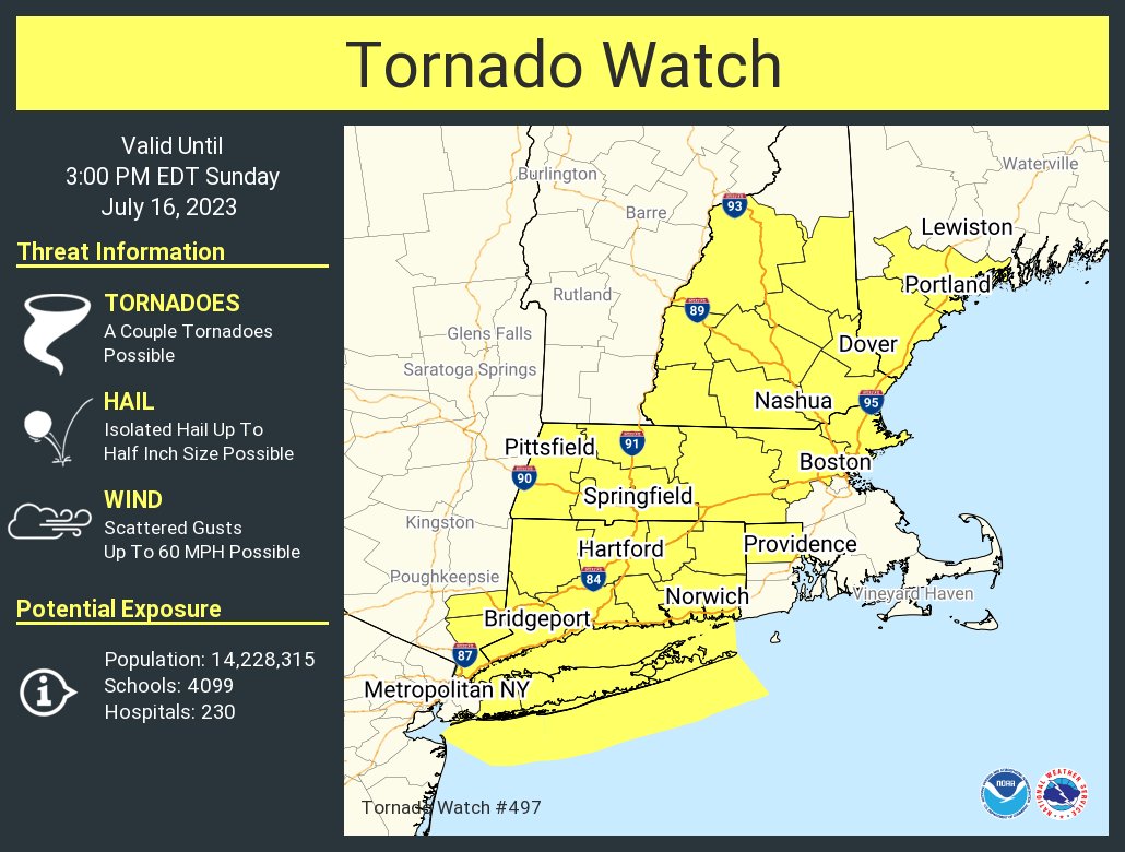 NWSNewYorkNY's tweet photo. A tornado watch has been issued for parts of Connecticut, Maine, Massachusetts, New Hampshire, New York and Rhode Island until 3 PM EDT https://t.co/eRFqCKGnJl