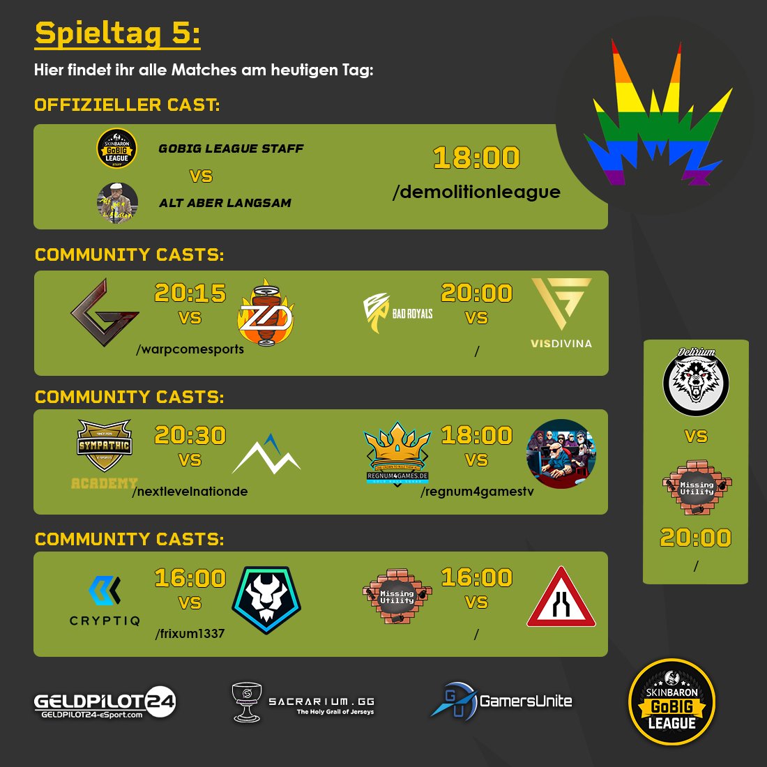 Es ist wieder Super Sonntag!
Das heißt ab 15 Uhr gibt es 8 Stunden bestes CS für euch.
Hier die Übersicht: (2/3)

🏆 Spielklasse 2 D
🆚 @GoBIGLeague Staff VS Alt Aber Langsam
⏰ 18:00
🎙️ <a href="/LordChewTV/">LordChewTV</a>
📺 twitch.tv/demolitionleag…

🏆 Spielklasse 2 C
🆚 <a href="/cs_gore/">cs_gore</a> VS Zwiebeldöner
⏰