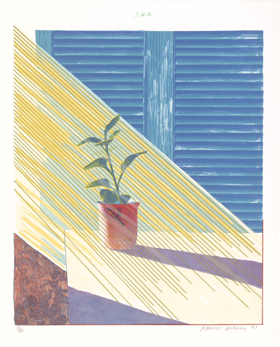 V_and_A's tweet photo. David Hockney: The Weather Series ☀️ ⚡️ 🌧️ 

Hockney first visited California in 1964. Working with master printer Ken Tyler, who ran the printmaking studio Gemini.

🧵 ‘Sun’ https://t.co/qBFnhESQHB