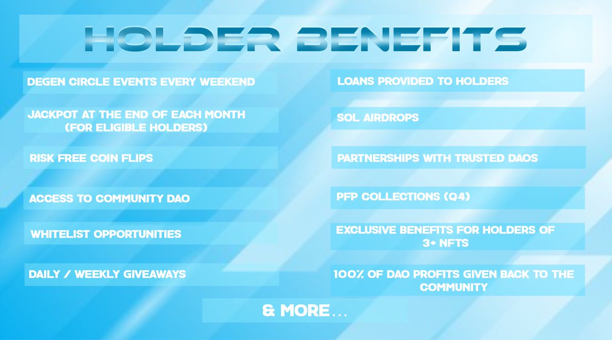 Here is a little sneak peak of the benefits for holding a DEGEN CIRCLE NFT🤝many of you already know what we provide over here🙌 for those who don't, come find out ! 

SIT BACK, RELAX &amp; enjoy the ride while we bring rewarding values to our community &amp; holders 🫶