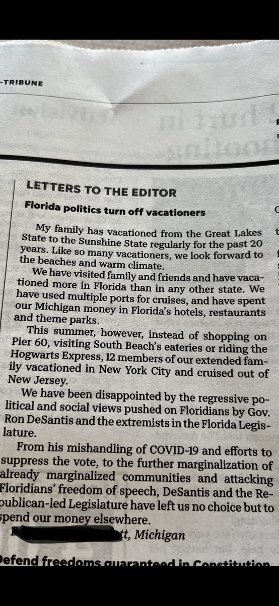 Cathy2NotToday's tweet photo. This will be the real gut punch of DeSantis tenure 

“From mishandling of Covid and efforts to suppress the vote to marginalization of  already marginalized communities, &amp; attacking freedom of speech,DeSantis &amp;FLGOP legis have left us no choice but to spend our money elsewhere” https://t.co/GPrFERzU6R