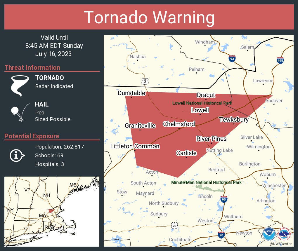 NWSBoston's tweet photo. Tornado Warning continues for Lowell MA, Littleton Common MA and  Graniteville MA until 8:45 AM EDT https://t.co/H4OaS9VhXq