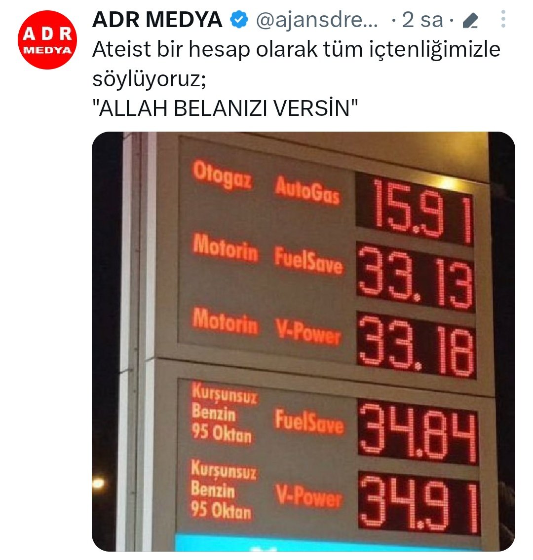 l__BirDost__ll's tweet photo. Dün gece DARBE/ZAM oldu!
Petrol istasyonlarının ışıkları sabaha kadar hiç sönmedi. 

Öyle bir DARBE/ZAM ki, neredeyse ATEİSTLER iman edecekti... 🥴

#KontakKapat 
Gece / 224 zam / Seyyanen / Misvak /ÖTV /Beter / Bedava / Gabar https://t.co/45DCGbhS9w