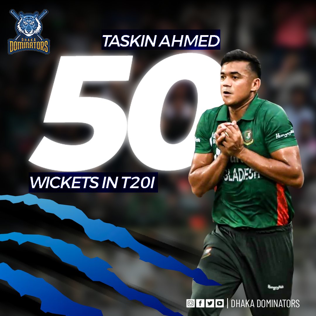 DominatorsDhaka's tweet photo. Congratulations to our Speed Star Taskin Ahmed for achieving 50 wickets in T20 International's  👏

#dhakadominator I #BANvsAFG I #letsdominate https://t.co/wHQb9kMFBN