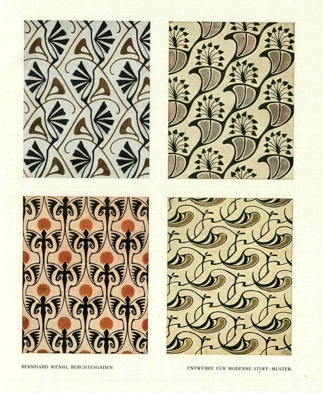 Art Nouveau fabric designs from 1897 as published in magazine Deutsche Kunst und Dekoration, Darmstadt, Germany.