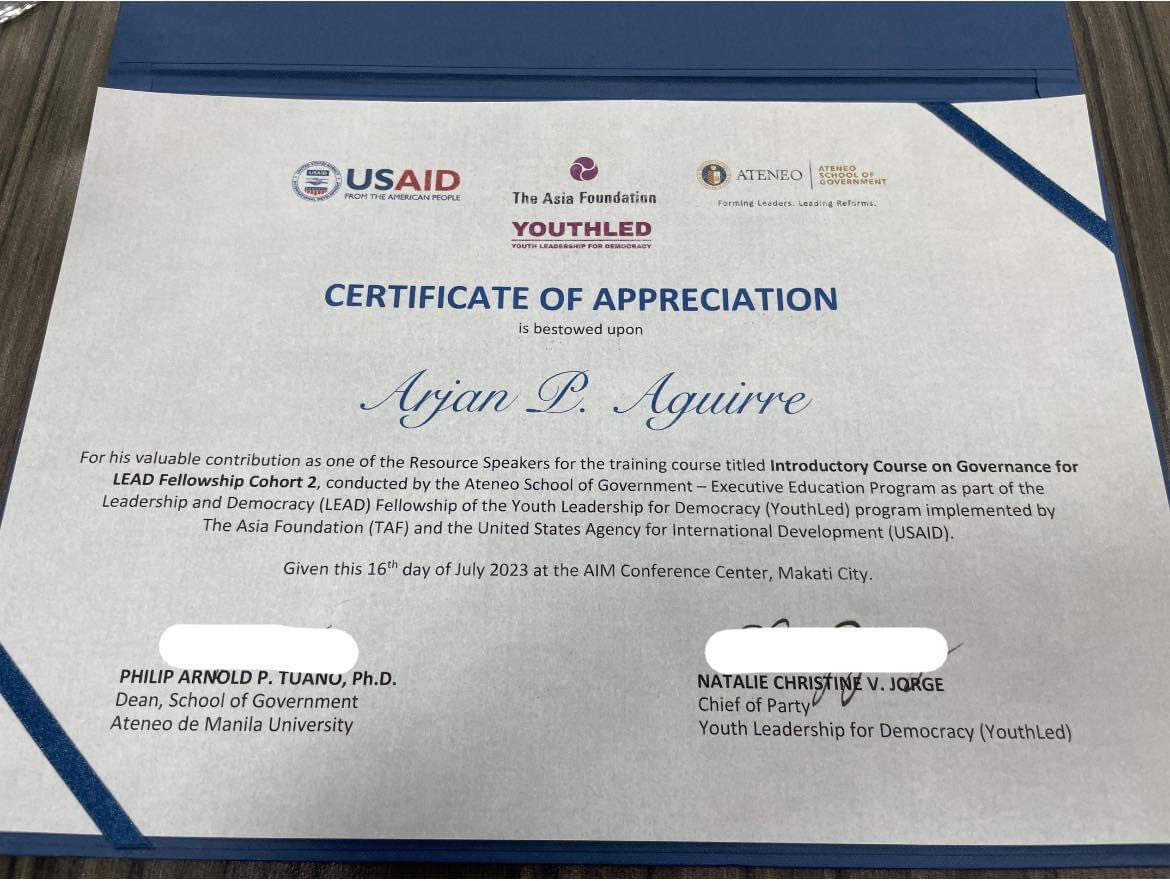 arjaguirre's tweet photo. Thank you Ateneo School of Government-Executive Education program and @YouthLedPH for choosing me as one of your speakers for your course on ‘Governance’ for the LEAD Fellowship Cohort 2 which was held today, Sunday, 16 July at AIM Conference Center in Makati City. https://t.co/3xJZxX3Acw
