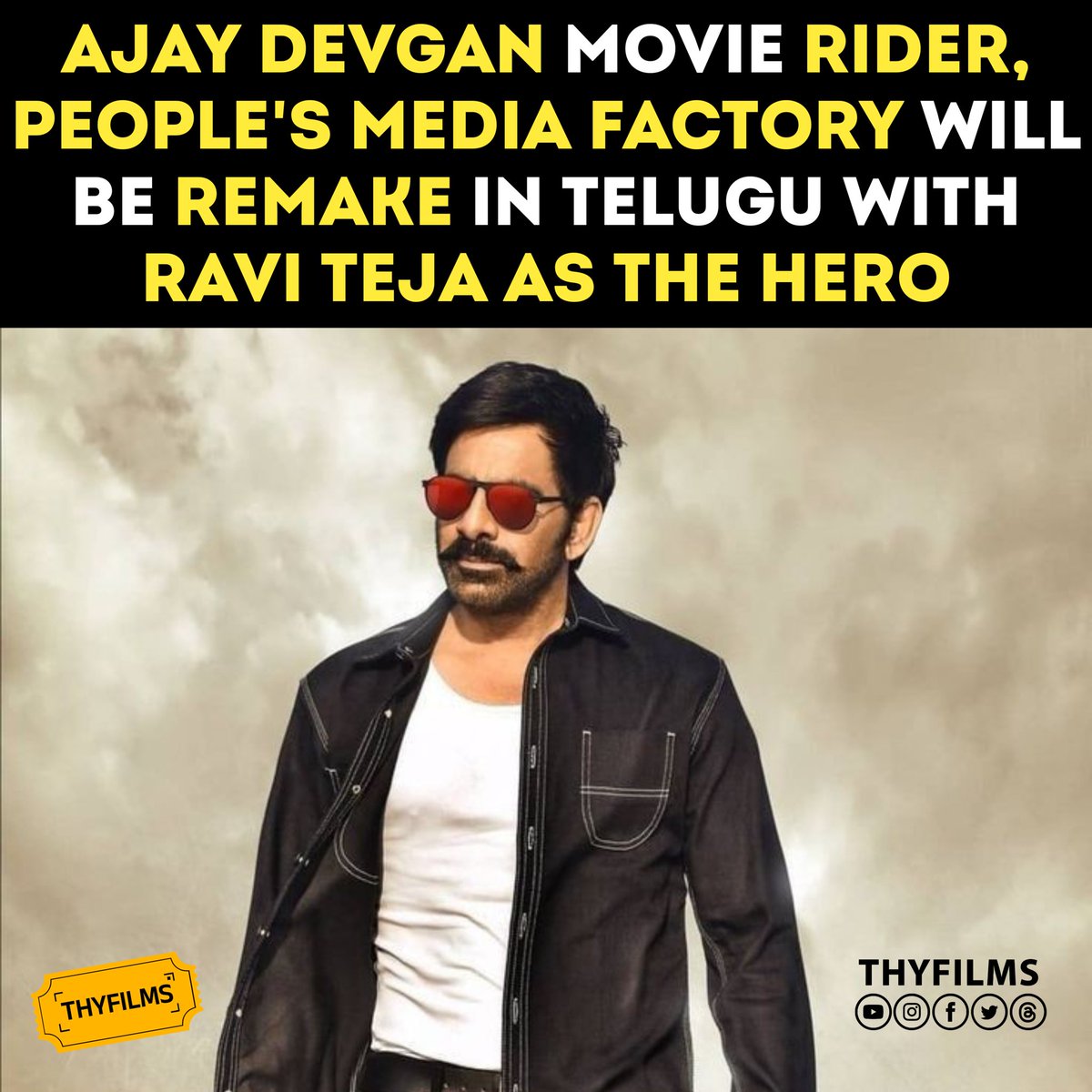 #AjayDevgan Movie #Rider,
#PeoplesMediaFactory will be remade in Telugu with #RaviTeja as the hero