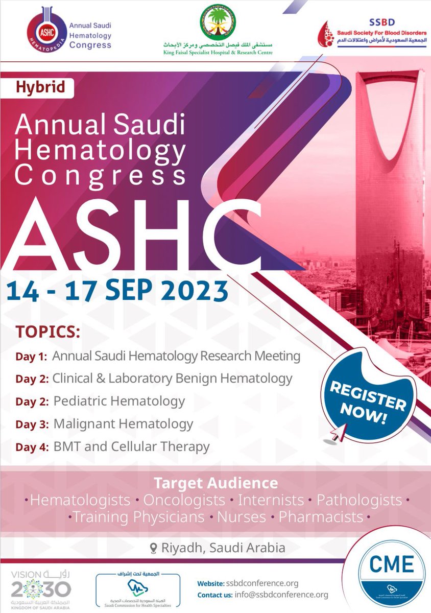 Don’t miss out the upcoming Annual Saudi Hematology Conference 2023 

🗓 14-17 September 2023 
🌏 Hybrid (Riyadh &amp; Virtual)
🩺 Health care professionals  
🇸🇦CME 
📝 Free Registration

Registration link 👇: 
ssbdconference.org/registration/

#ASHC23 #SSBD