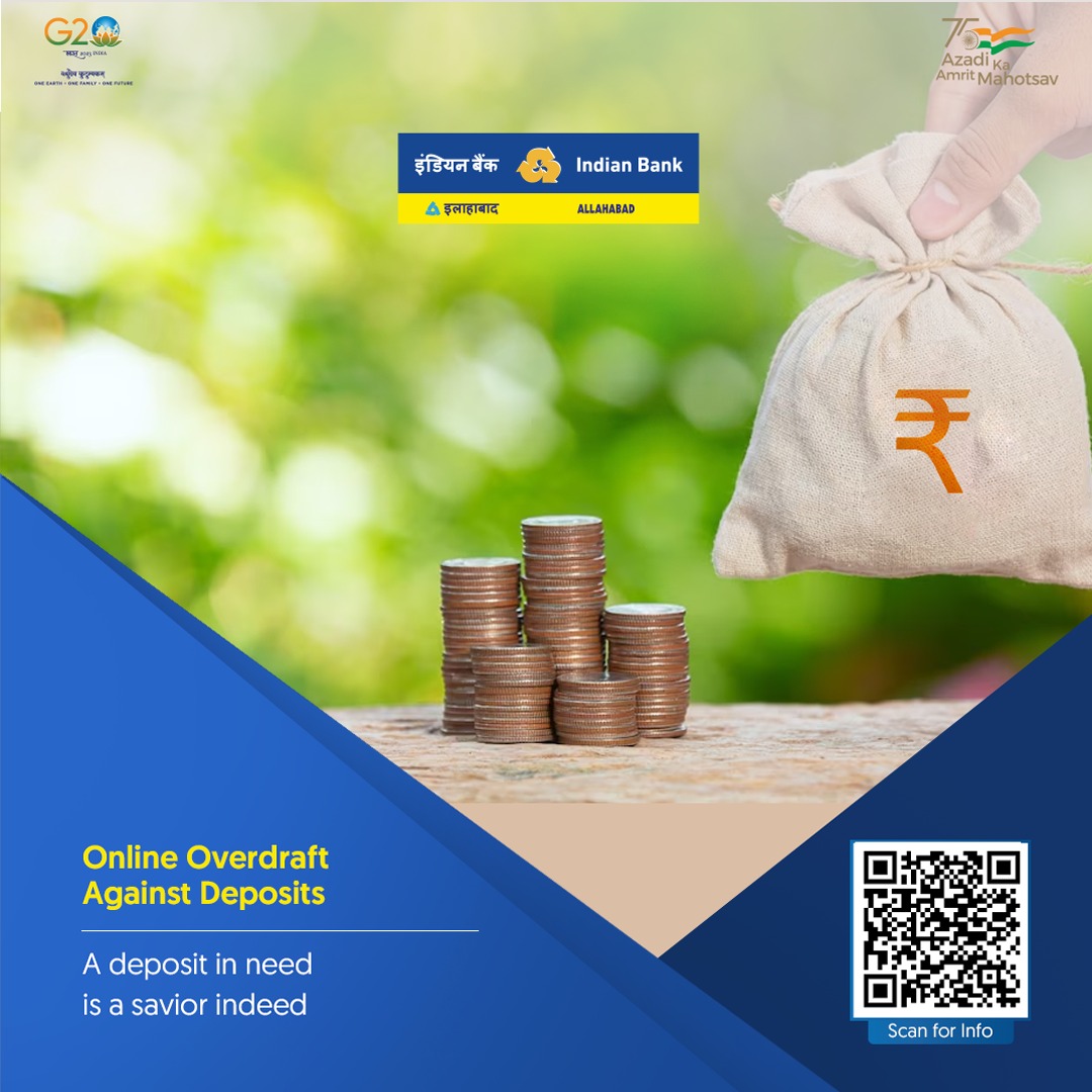 Break free from financial limits, tap into the power of your deposits! Introducing  Online Overdraft Against Deposits, where your money works double time. Apply through our IndOASIS App and Net Banking platforms. Know more : bit.ly/44s8Iw6

#AmritMahotsav #IndianBank