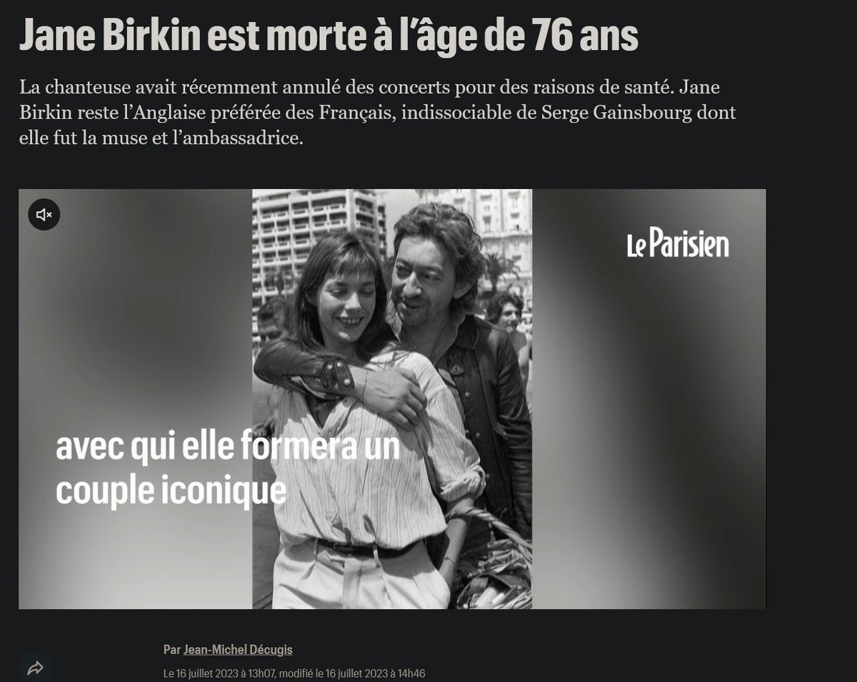 16/7/23 Jane Birkin est décédée à l’âge de 76 ans. Selon nos informations, elle a été retrouvée sans vie à son domicile parisien ce dimanche. La chanteuse avait récemment annulé des concerts pour des raisons de santé (AVC) leparisien.fr/culture-loisir… 'Je suis triplement vaccinée'👇