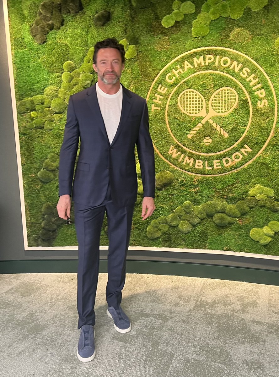 RealHughJackman's tweet photo. Beyond excited to be here to cheer on @DjokerNole!!! @Wimbledon Let’s goooooo. https://t.co/ZrXmMJ7xUd