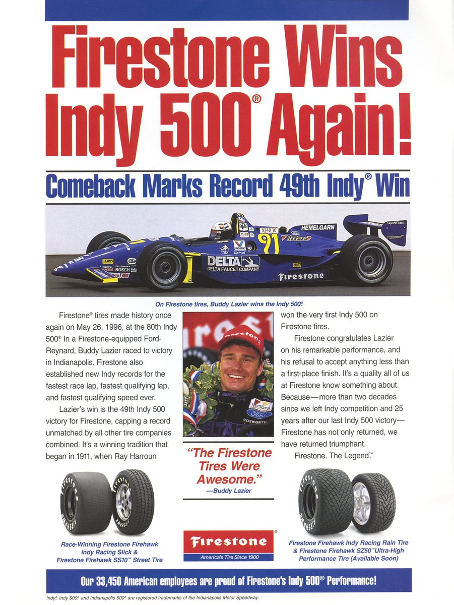 May 26, 1996 is a date known to most American open wheel racing fans as the day of the Dueling 500s. The Indy 500 and the Inaugural US 500 were run that day.

@FirestoneRacing tires carried both winners to victory lane that day. These were the print ads that ran one month later. https://t.co/iZfgLvnykX