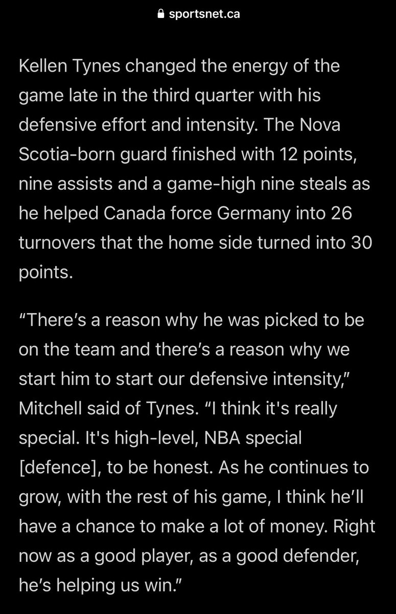 RyanDickison7's tweet photo. “There’s a reason why he was picked to be on the team and there’s a reason why we start him to start our defensive intensity. I think it's really special. It's high-level, NBA special defence to be honest.” - @MitchNathaniel on @KellenTynes after 12pts/9ast/9stl/5reb/1blk vs GER https://t.co/TSfTYjGM7M