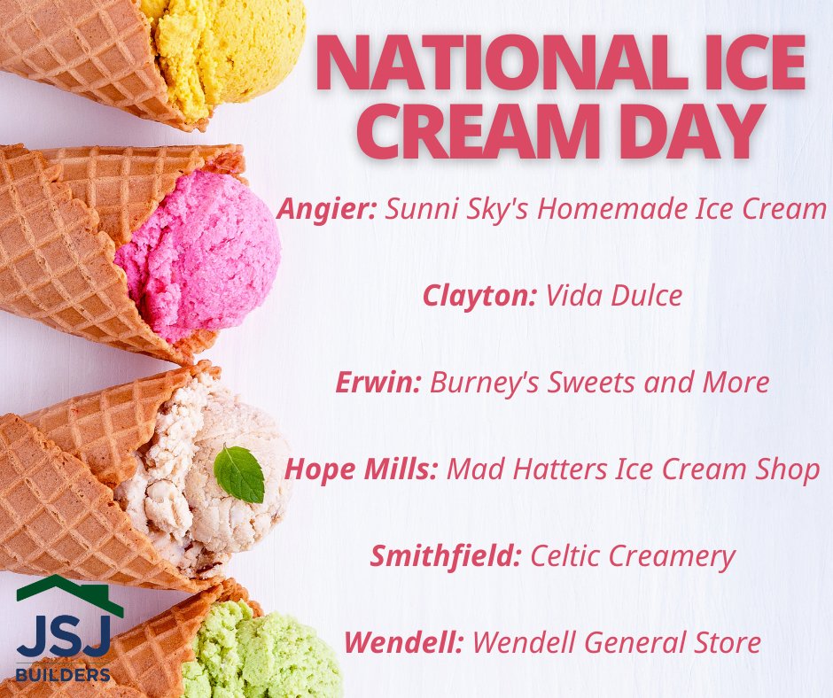 jsjbuilders's tweet photo. Happy #NationalIceCreamDay! We've compiled a mouthwatering list of our local ice cream favorites near the communities where we build. Let us know which one is your go-to! #JSJBuilders https://t.co/5cUn7D4HNF