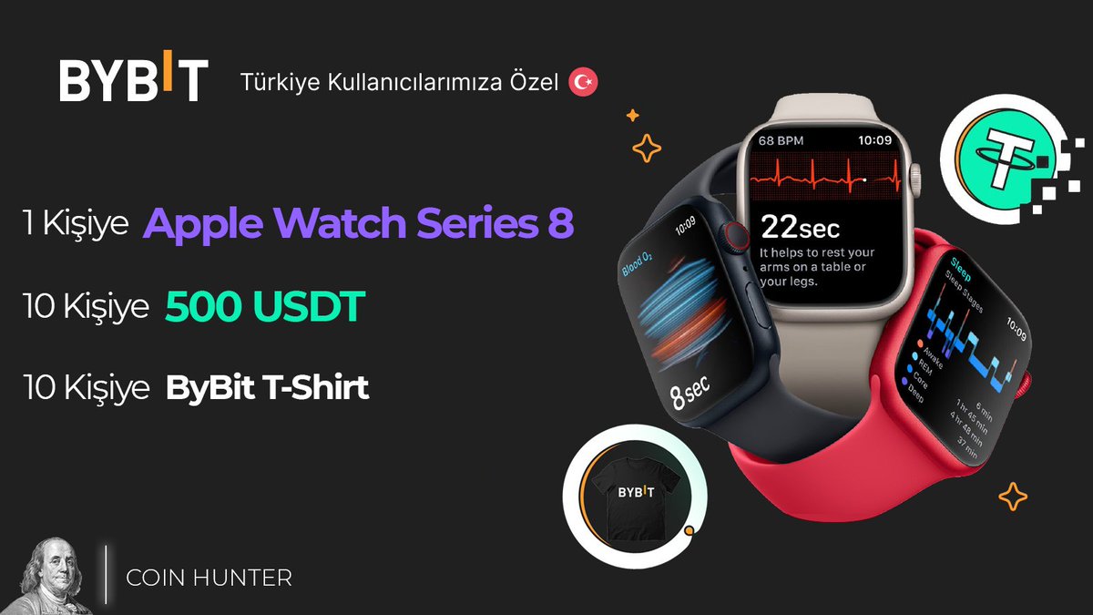 🎁 YENİ ÖZEL ETKİNLİK 1⃣ Takip et: @BybitTurkiye 2⃣ RT - FAV 1 kişiye Apple Watch 8 10 kişiye 500 $USDT 10 kişiye Bybit Tshirt ⤵️ Hala üye değil misin? En avantajlı üyelik için: partner.bybit.com/b/26429 ⤵️ YENİ @GameSwift_io ön satışını da kaçırma! bybit.com/tr-TR/web3/ido…