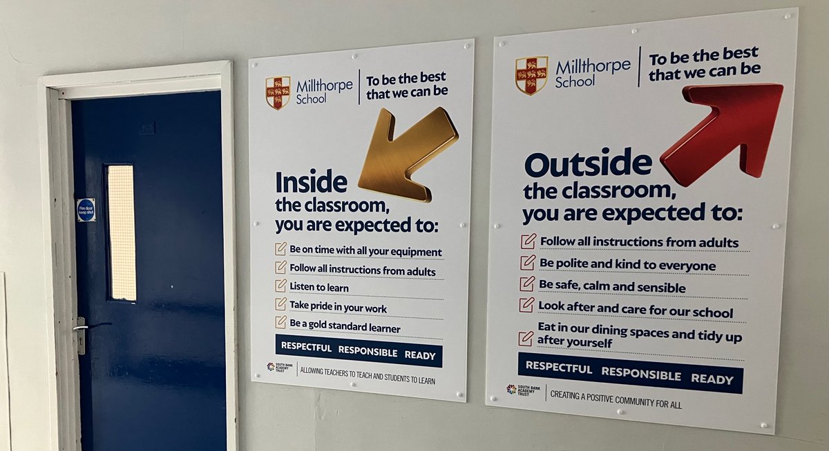 Exactly what's happening in South Bank MAT school: Millthorpe, York. Corridors stripped of children's pictures and poems, replaced with trust-branded rules posters. Also from the OGAT stable...