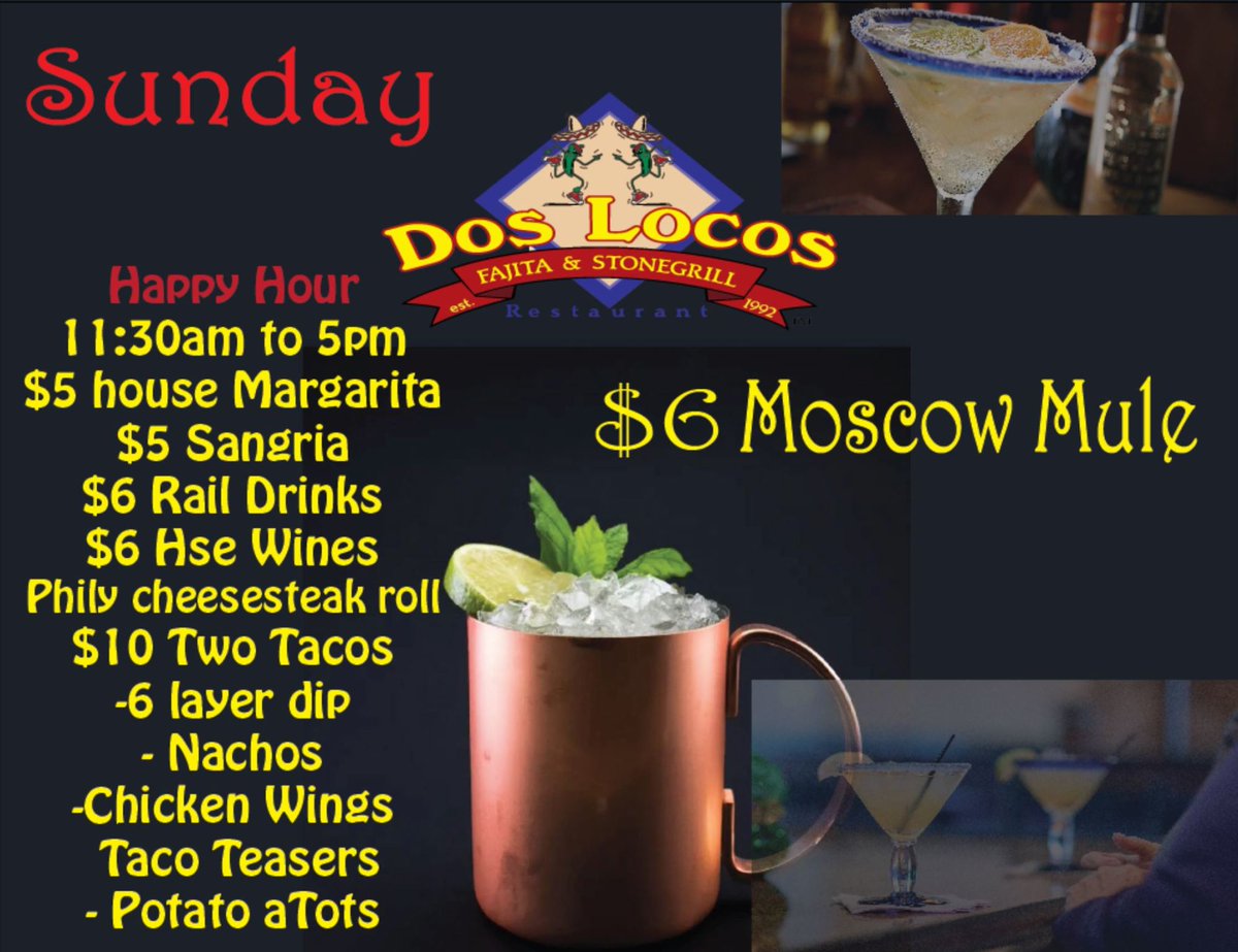 DosLocosRestaur's tweet photo. Today's Forecast: 100% chance of happy hour $6 Moscow mule  Allday, Happy Hour 11:30am to 5pm https://t.co/PP9CmBuimb