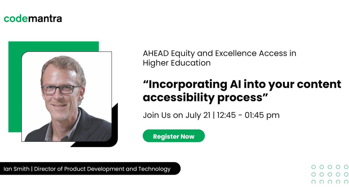 1 day to go! Join us at the AHEAD Equity and Excellence Access in Higher Education event!
Register today! Click on the link to go to the registration page: info.codemantra.com/Ahead-Equity-2…
#accessibility #HigherEducation #ArtificialIntelligence