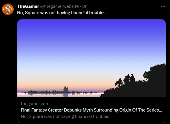 SYACVG's tweet photo. According to false rumours, Final Fantasy was called that, because it was a hail mary to solve Square's financial troubles. In reality, they wanted a name that could be abbreviated to "FF" and Fighting Fantasy was already trademarked so they went with Final Fantasy. https://t.co/VhtgXs6nVW