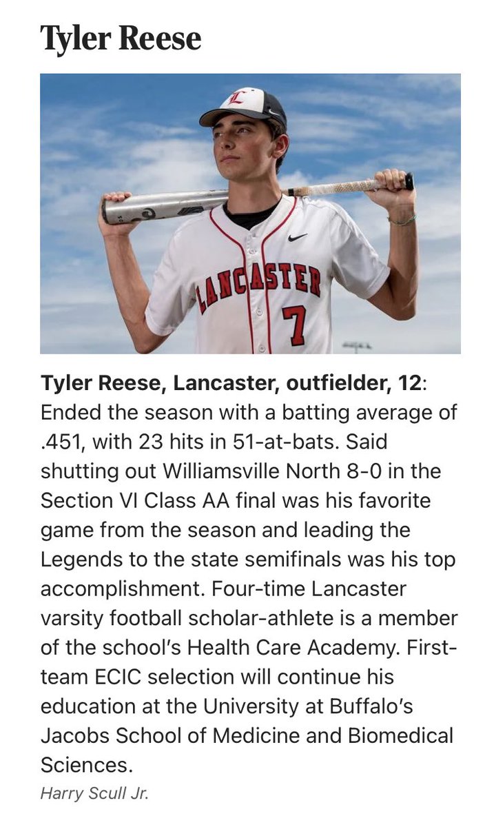 BuffaloElite (@buffaloelite1) on Twitter photo Congratulations <a href="/TylerReese_21/">Tyler Reese</a> of <a href="/LHSVarBaseball/">Lancaster Baseball</a> on his accomplishment of making first team All Western NY!
Great season Tyler! Congratulations <a href="/TylerReese_21/">Tyler Reese</a> of <a href="/LHSVarBaseball/">Lancaster Baseball</a> on his accomplishment of making first team All Western NY!
Great season Tyler!