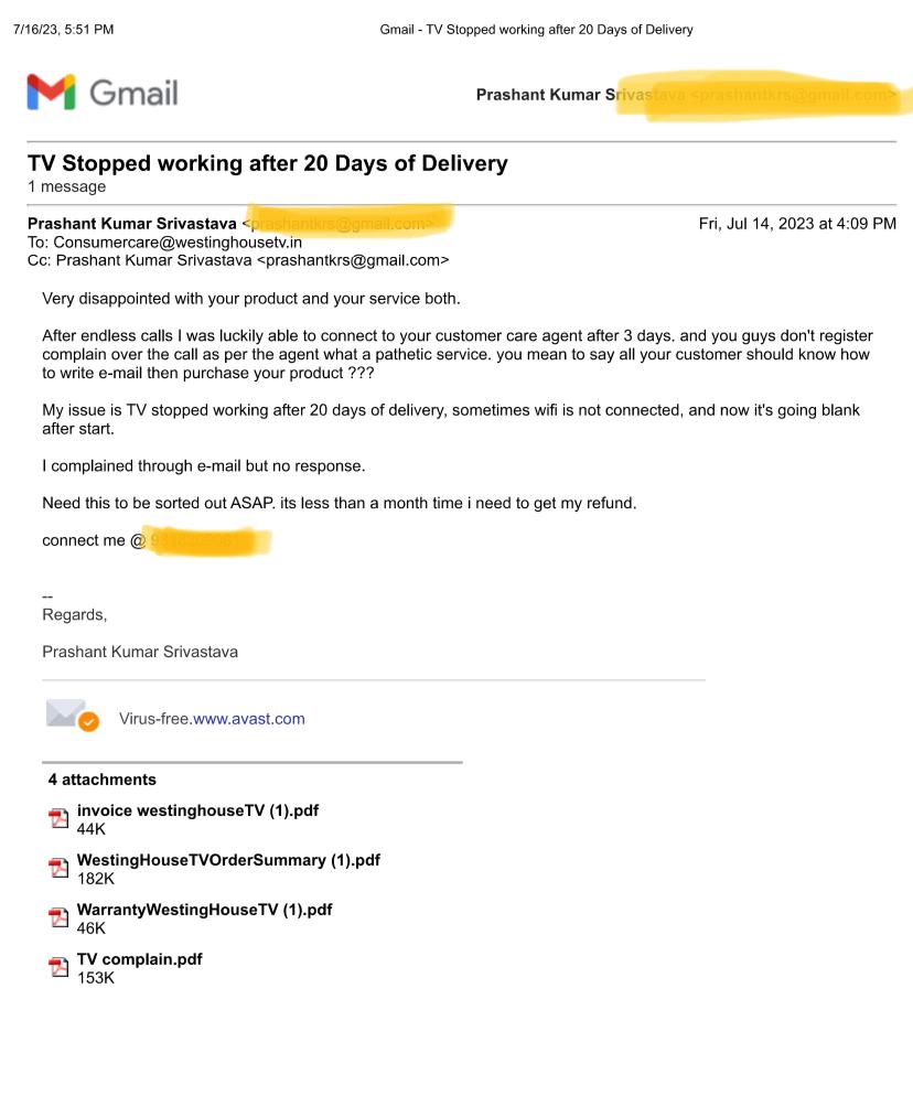 Prashantkrs2's tweet photo. Never buy @IWestinghousetv @splastronics in India, I bought 43'TV on 20Jun Frm @amazonIN. 2nd week onwards issue started. Customer care don't connect, connected after 3days, C_Care don't take complain over call, Only e-mail, Sun closed &amp; no revert on email. @jagograhakjago https://t.co/BpM0R9CWzT