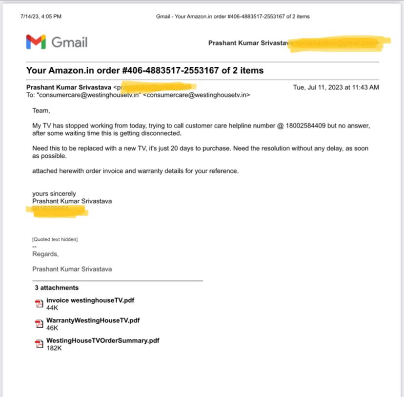 Prashantkrs2's tweet photo. Never buy @IWestinghousetv @splastronics in India, I bought 43'TV on 20Jun Frm @amazonIN. 2nd week onwards issue started. Customer care don't connect, connected after 3days, C_Care don't take complain over call, Only e-mail, Sun closed &amp; no revert on email. @jagograhakjago https://t.co/BpM0R9CWzT