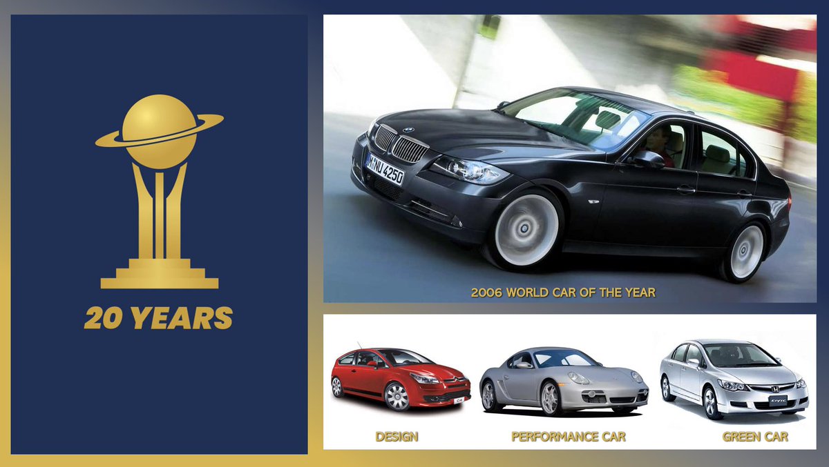 WorldCarAwards's tweet photo. The 2nd edition of the World Car Awards introduced new categories: World Car Design of the Year (Citroen C4), World Performance Car (Porsche Cayman S), World Green Car (Honda Civic Hybrid). The 2006 #WCOTY was the 5th gen BMW 3 Series (E90). #WCOTY20 #legacy #20YearsofWorldCar https://t.co/HANv0HDcoN