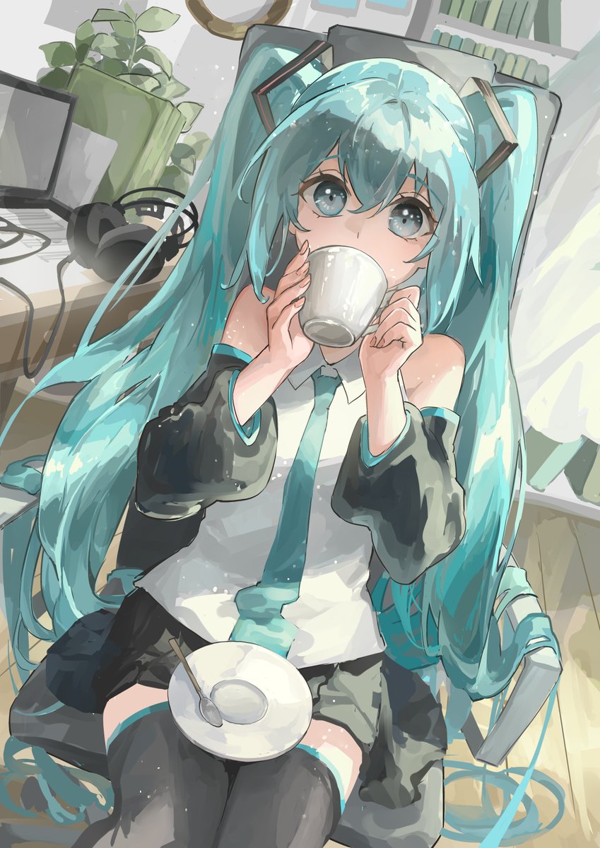 hatsune miku 1girl solo long hair sitting thighhighs twintails shirt  illustration images