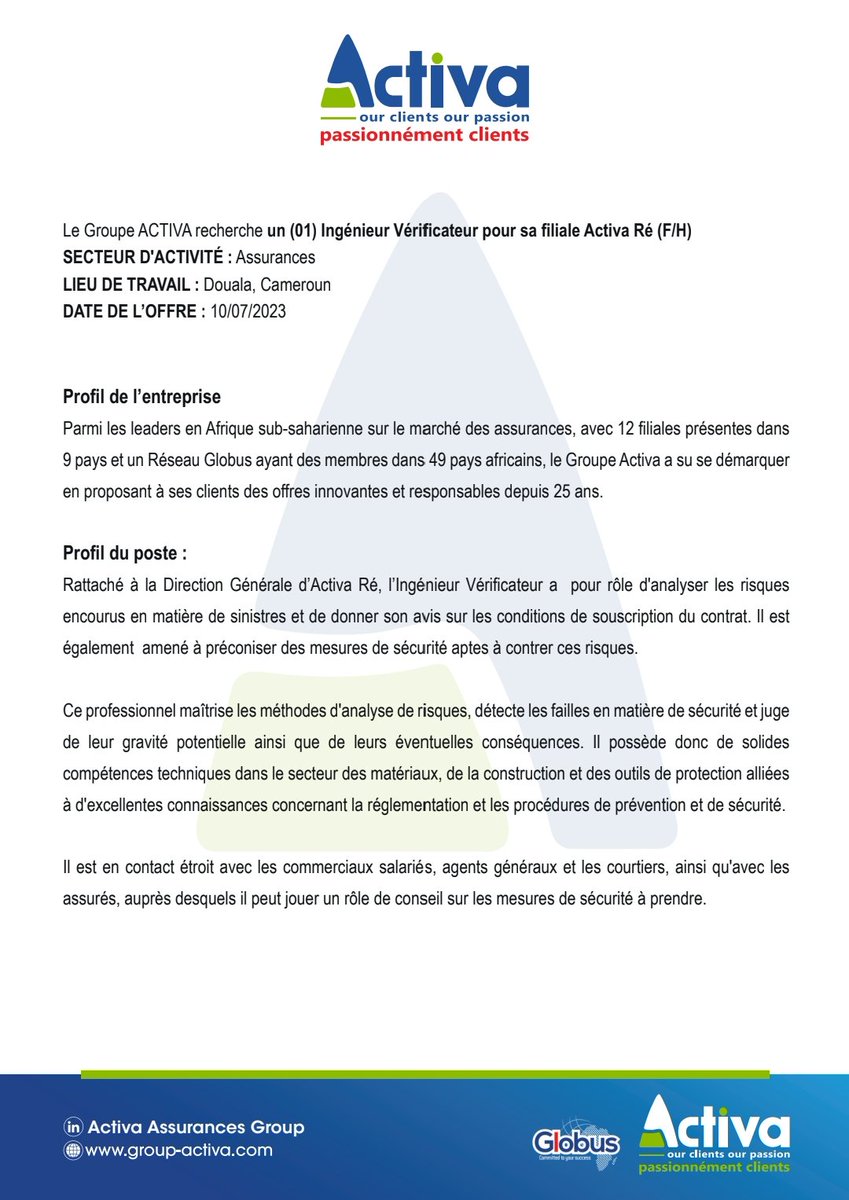 JobAlert237's tweet photo. 🚨 #JobAlert237
Le Groupe Activa recherche un(e) Ingénieur Vérificateur.
#OffresEmploi https://t.co/B7LjTRliu8