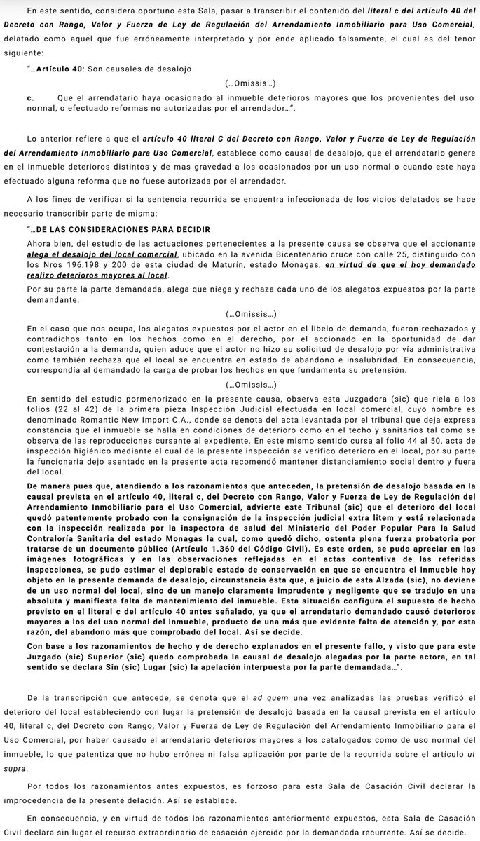 WilsonGomezGB's tweet photo. Sentencia N° 000192 del 03/05/2023 Sala de Casación Civil @TSJ_Venezuela Arrendamiento Inmobiliario para el Uso Comercial. Desalojo. El arrendatario causó deterioros mayores a los catalogados como de uso normal del inmueble. Deterioro del local. 🧐☕
https://t.co/uT5lfJKn5R https://t.co/HEdXavRniw