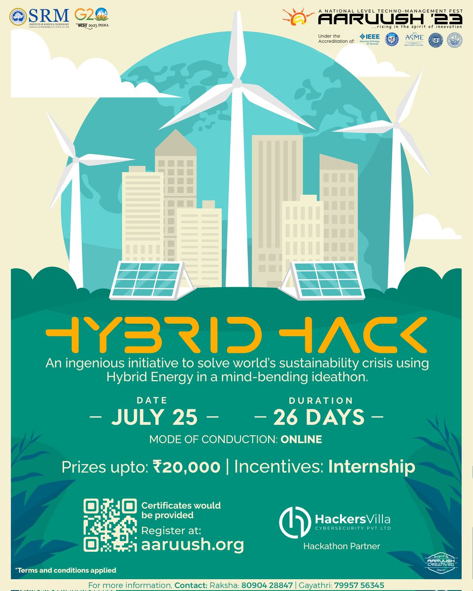 aaruushsrmist's tweet photo. Team Aaruush is proud to present, "Hybrid Hack", where participants get a platform to showcase the unlimited potential of renewable energy sources using HRES.

Register at: https://t.co/DYr5uCx9mi

#innovation #challenge #hybrid #RenewableEnergy #hybridhack #Aaruush #SRMIST https://t.co/3ukbV0hNZa