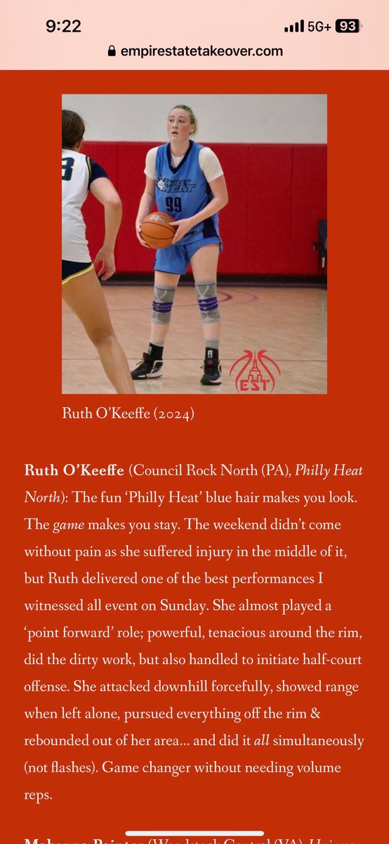 phillyheatnorth's tweet photo. Ruth O’Keeffe (Council Rock North) will defend at a high level, go after the boards hard, take it to the basket and knock down the open 3.  She was written up by Empire State Takeover for her 20 point, 11 rebound effort against Elevate NYBC last weekend. https://t.co/v2ZpyaL5n1