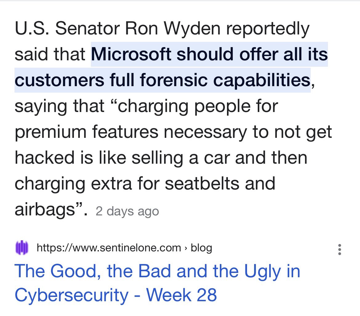 rootsecdev's tweet photo. It’s time for @satyanadella to respond on these issues. While this update (https://t.co/W6jwLz9QUr) was a great first step at providing Microsoft customers more information, there are still other issues that need to be addressed. 
- How was the MSA key acquired 
- customers without E5 is a DFIR non-starter

Something needs to fundamentally change here. The answer should not be to buy E5.