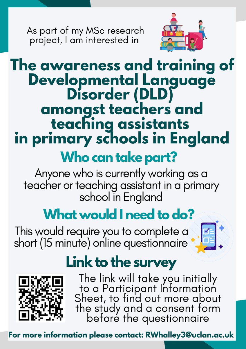 CALLING ALL #TEACHERS AND #TEACHINGASSISTANTS IN ENGLAND. I am a UCLan MSc Speech and Language Therapy student researching awareness and training of Developmental Language Disorder (DLD). I would be very grateful for anyone to complete this questionnaire. forms.office.com/e/2qamzEnKEA