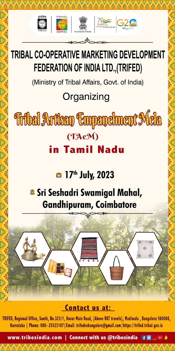 We welcome all the tribal artisans &amp; producers of Coimbatore to join us in the upcoming Tribal Artisan Empanelment Mela at 
Sri Seshadri Swamigal Hall
Tatabad
Gandipuram 
Coimbatore - 641012
Timings : 10:00 A.M onwards
Date : 17.07.2023

#Vocal4Local #BuyTribal #AmritMahotsav