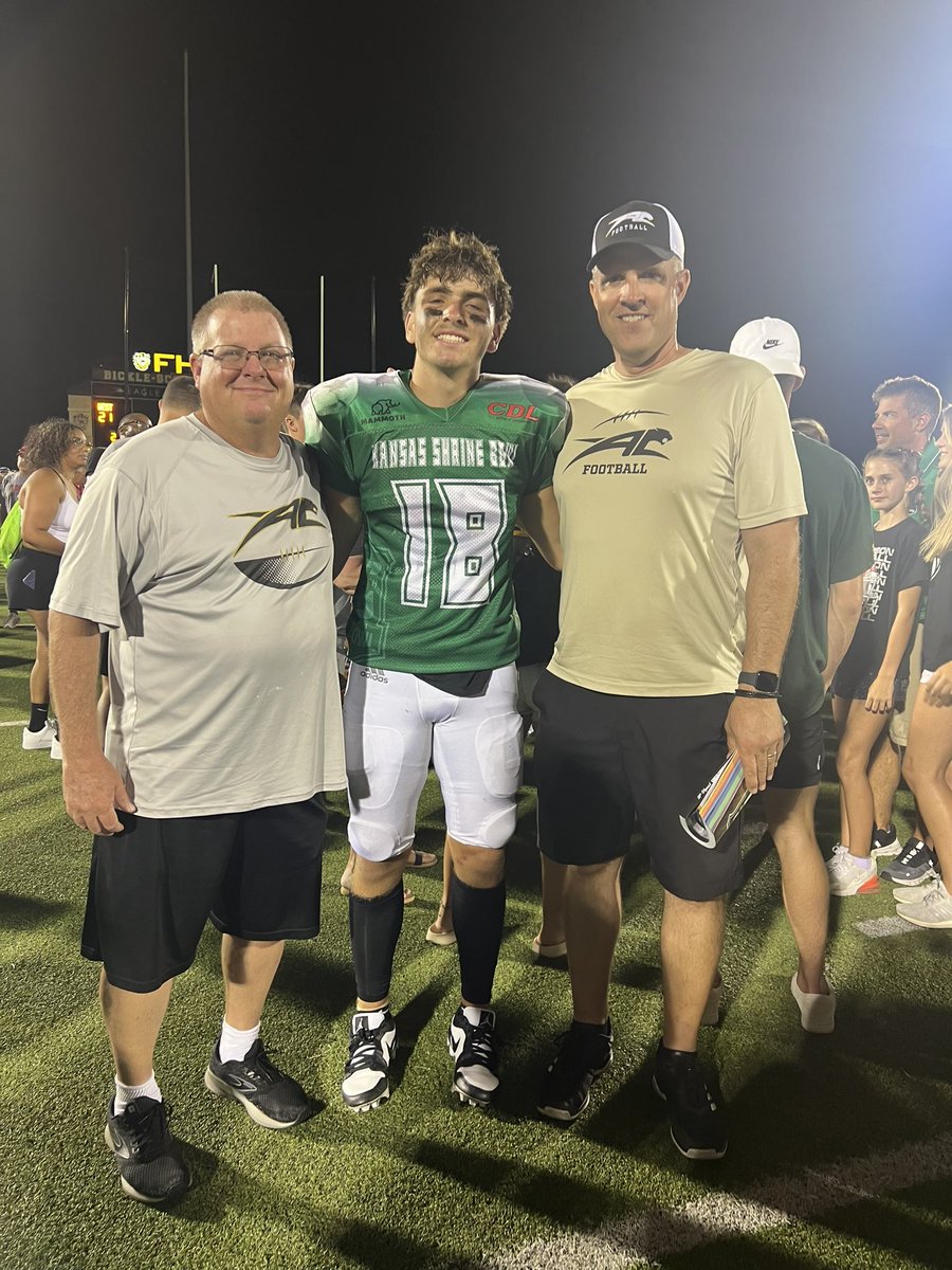 Coach_DTuttle's tweet photo. Congrats to @white_mason18 and the West team on the 2023 @KSShrineBowl  win last night! Great game! 
@CentralGridiron @ACJaguarFB @Andover_Central https://t.co/0KQSiONfGQ