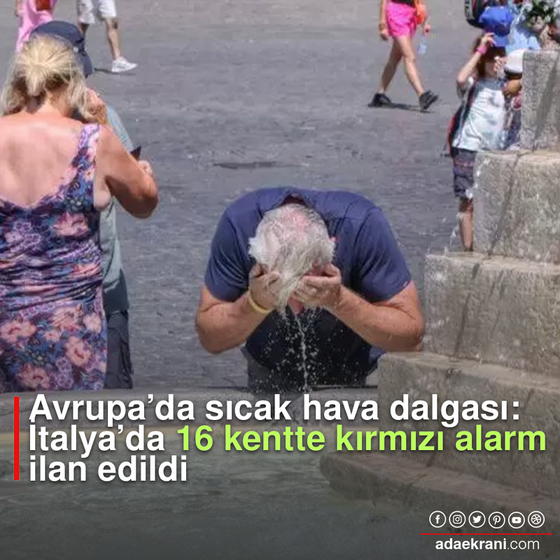 adaekrani's tweet photo. Avrupa’yı etkileyen sıcak hava dalgası nedeniyle İtalya’da bu hafta sonu 16 kentte kırmızı alarm ilan edildi. Sağlık Bakanlığı bu kentlerde saat 11-18 arasında güneşe çıkmaktan kaçınılması uyarısı yaptı.

https://t.co/DirNBHmxDa https://t.co/vaULdFy7yF