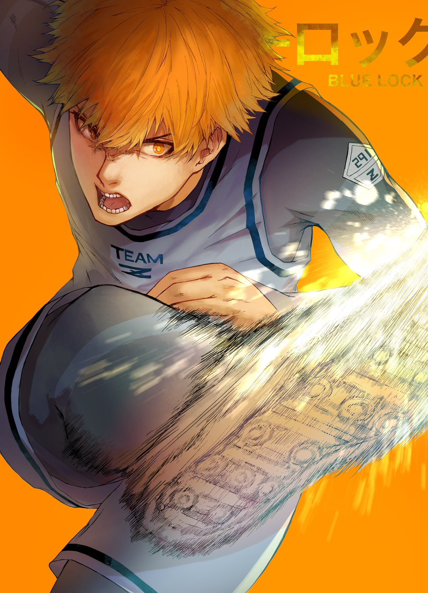 denji (chainsaw man) 1boy male focus sportswear orange background blonde hair short hair solo  illustration images