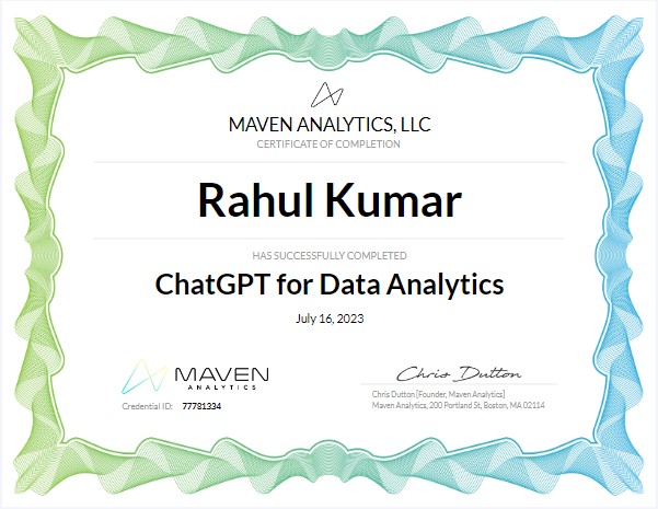 yesrahulkr's tweet photo. 🎉 Excited to share some amazing news with y'all! 🎉 Just completed an incredible course of "ChatGPT of #DataAnalytics and I'm thrilled to announce that I've earned a shiny new badge from @MavenBI 📚 #DataAnalyst #LearningNeverStops #Datafamily https://t.co/kQa1GuDfmq