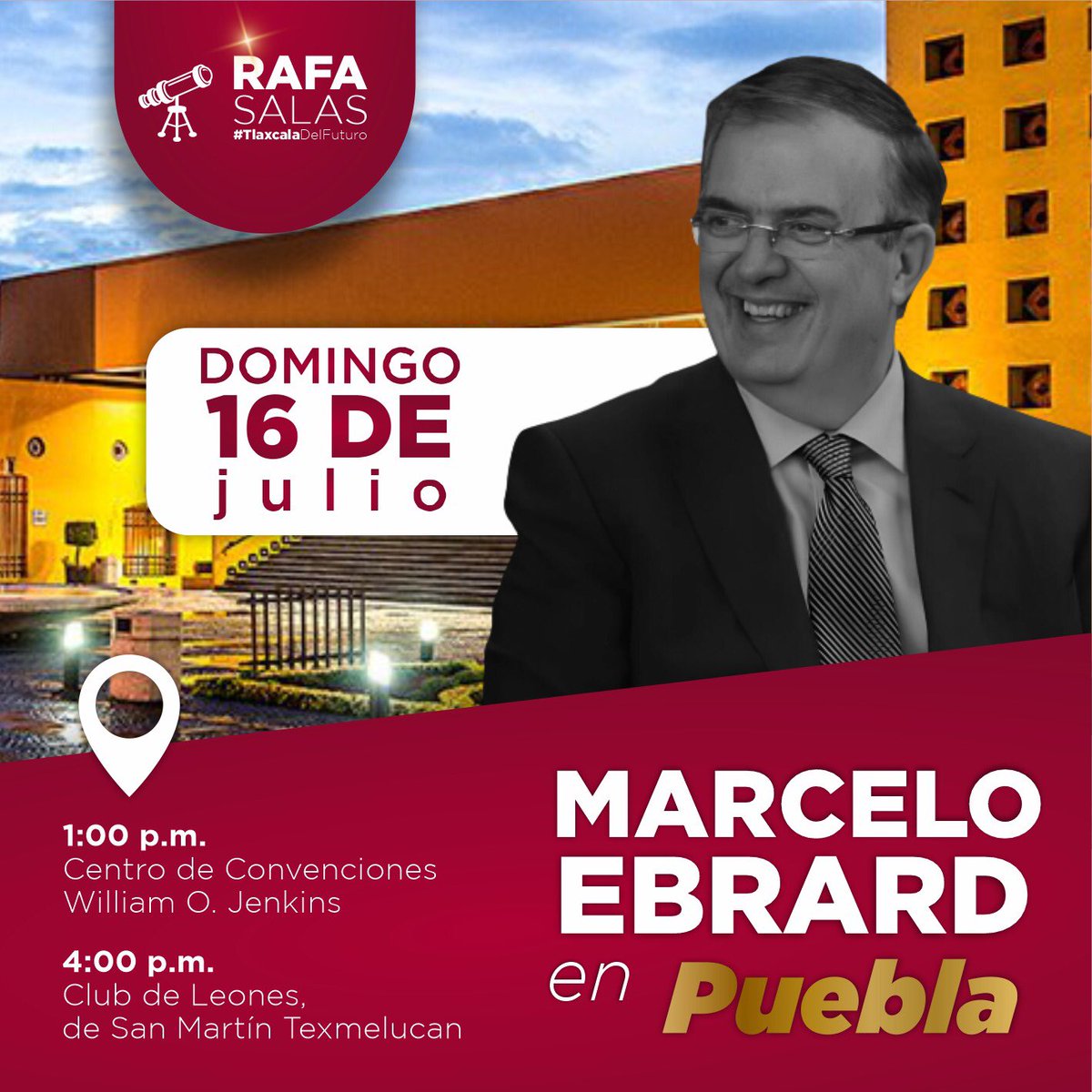 Hoy #MarceloEbrard estará en Puebla!! Los esperamos a la 1pm en el Centro de Convenciones (Puebla centro) y a las 4pm en el Club de Leones de San Martín Texmelucan 🤗

#MejorMarcelo #ElCaminoDeMéxico #PueblaConMarcelo #PueblaConMarceloSí #NotiCarnal