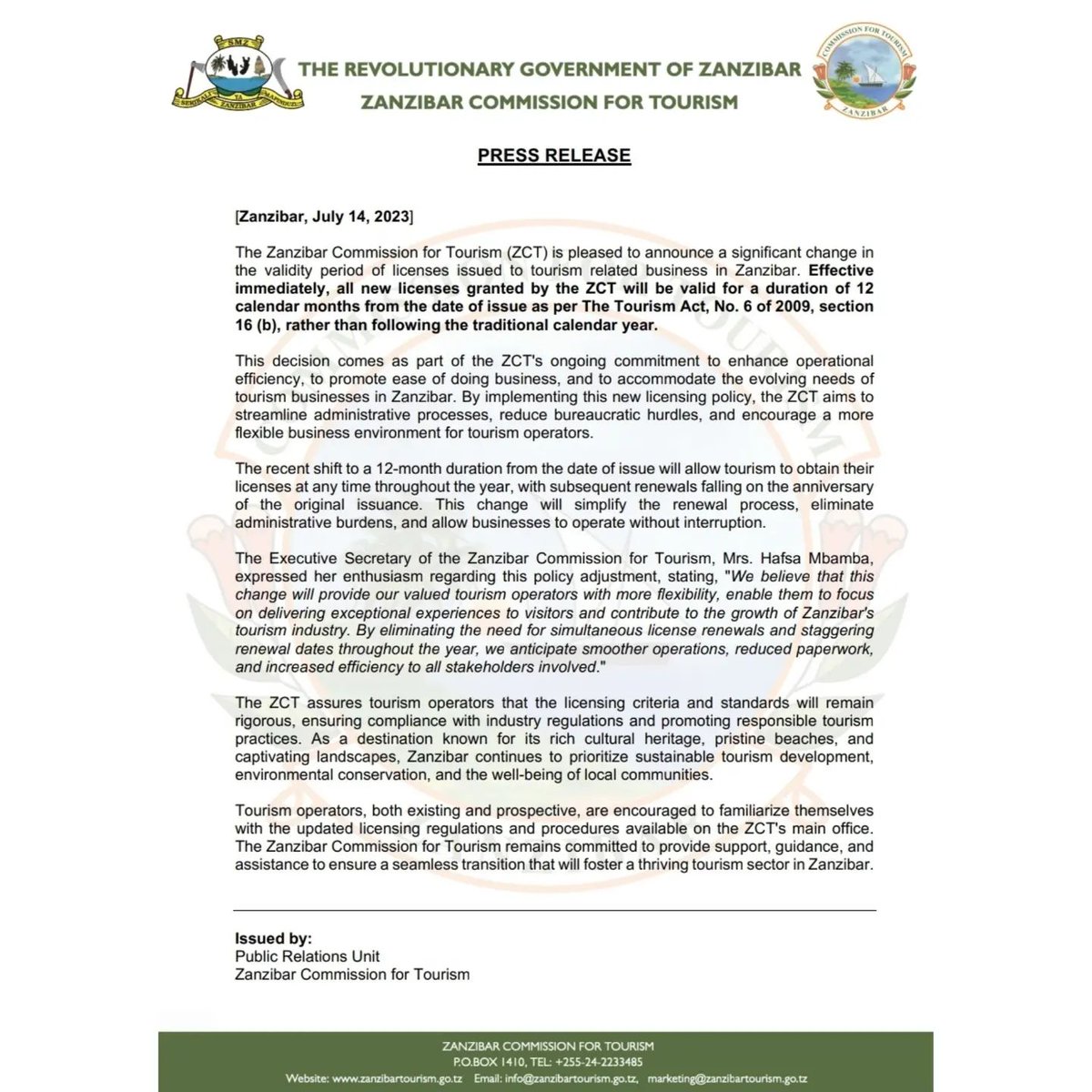 Good news for all tourism stakeholders in Zanzibar