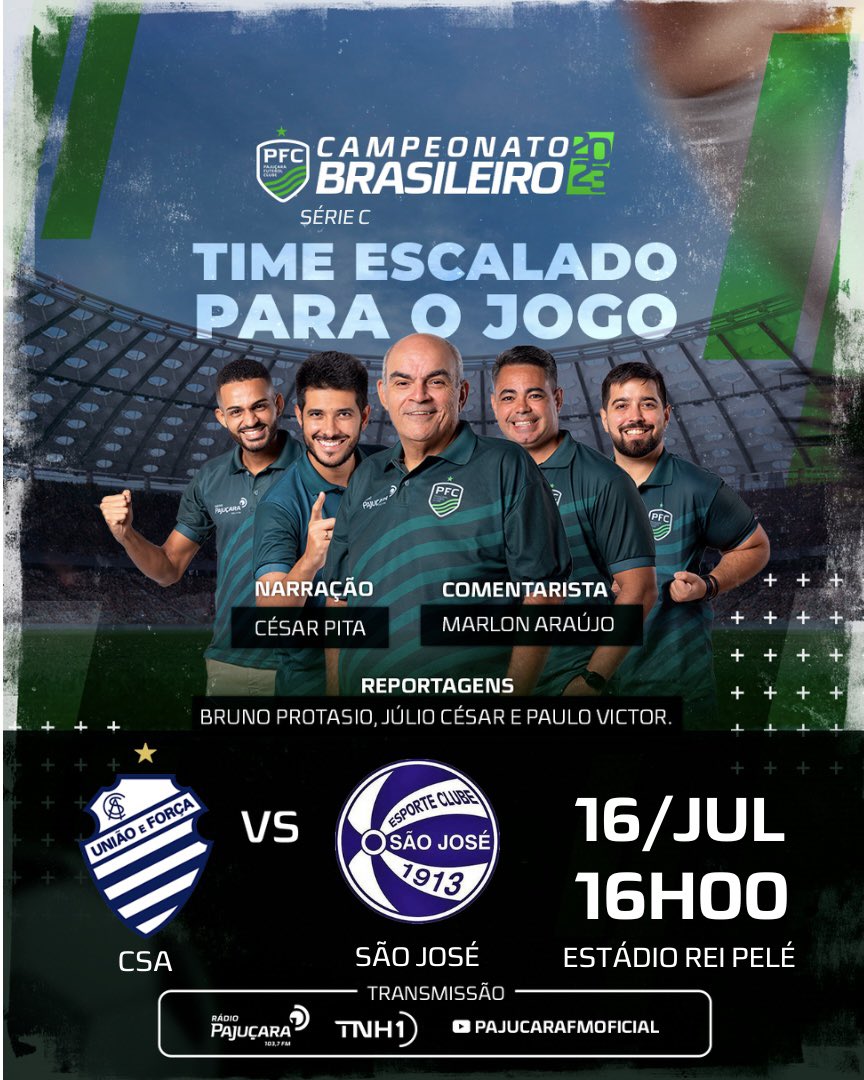 O domingo do torcedor AZULINO é sintonizado com os craques do Pajuçara Futebol Clube! ⤵️⚽️

💻 YouTube.com/PajucaraFMOfic…
📻 Pajuçara FM 103,7
📲 tnh1.com.br/103

#Brasileirao #SerieC #CSA #SaoJosé
