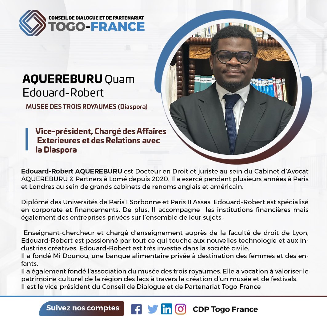 CdpTogoFrance's tweet photo. Nous sommes ravis de vous présenter notre Vice-Président du Conseil de Dialogue et de Partenariat Togo-France Mr AQUEREBURU EDOUARD-ROBERT .
@Franceautogo #tgtwittos https://t.co/bTUahWNMpk