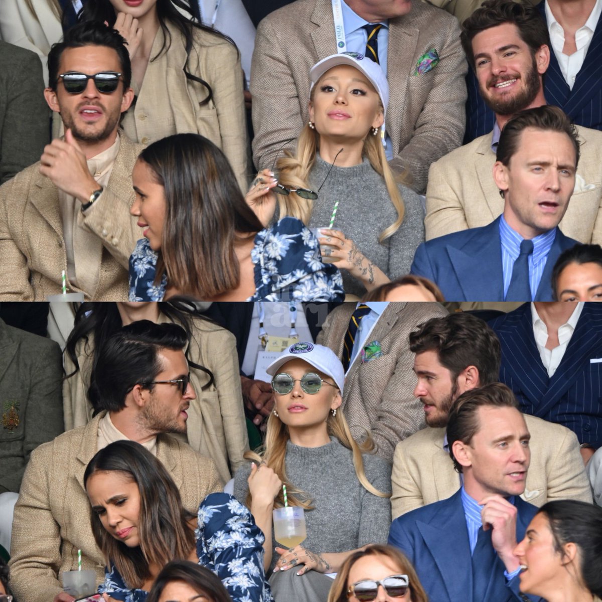infoari's tweet photo. SAIU DE CASA! Ariana Grande no Wimbledon 2023 ao lado de Jonathan Bailey, Andrew Garfield, Zawe Ashton e Tom Hiddleston. https://t.co/BCc6Xr3dg1