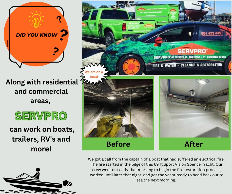 Did you know... SERVPRO can work on boats, RV's, sheds, trailers, and cars! Whatever mess life throws at you, SERVPRO can help you manage it "Like it never even happened."  Call us today for a free estimate! #Restoration #firedamage #waterdamage #reconstruction 🛥️🚐🚗