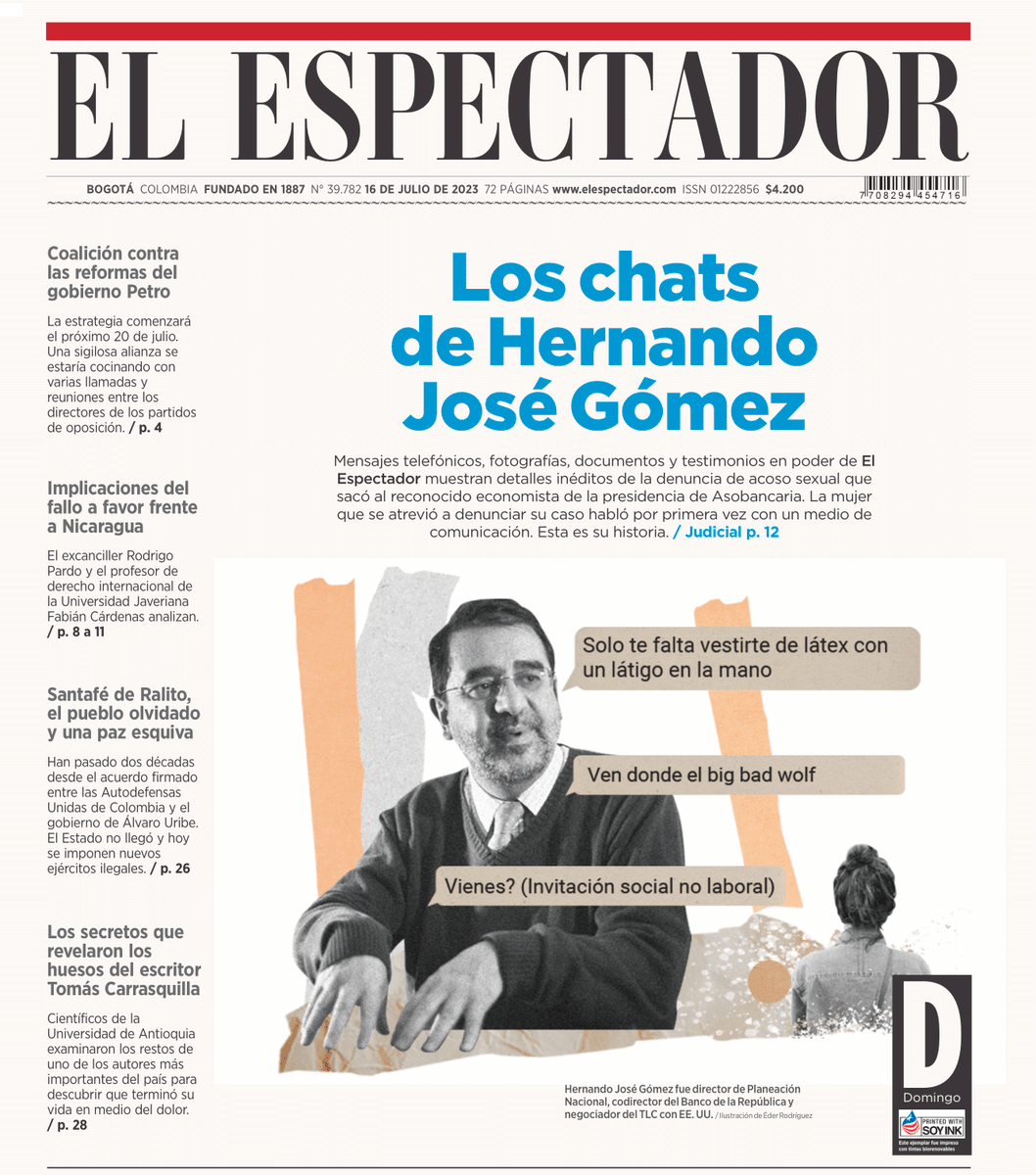 elespectador's tweet photo. 📷Por primera vez, la mujer cuyas denuncias le costaron la cabeza a Hernando José Gómez como presidente de @Asobancaria, le cuenta a un medio de comunicación su testimonio. Su historia es la portada de hoy de El Espectador. Abrimos 👇🏼🧵https://t.co/Ci1Si3M8VM https://t.co/5yZTyuDeDh