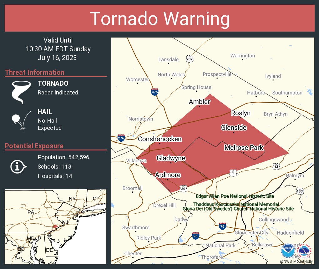 NWS Mount Holly on Twitter "Tornado Warning including Ardmore PA, Glenside PA and Conshohocken