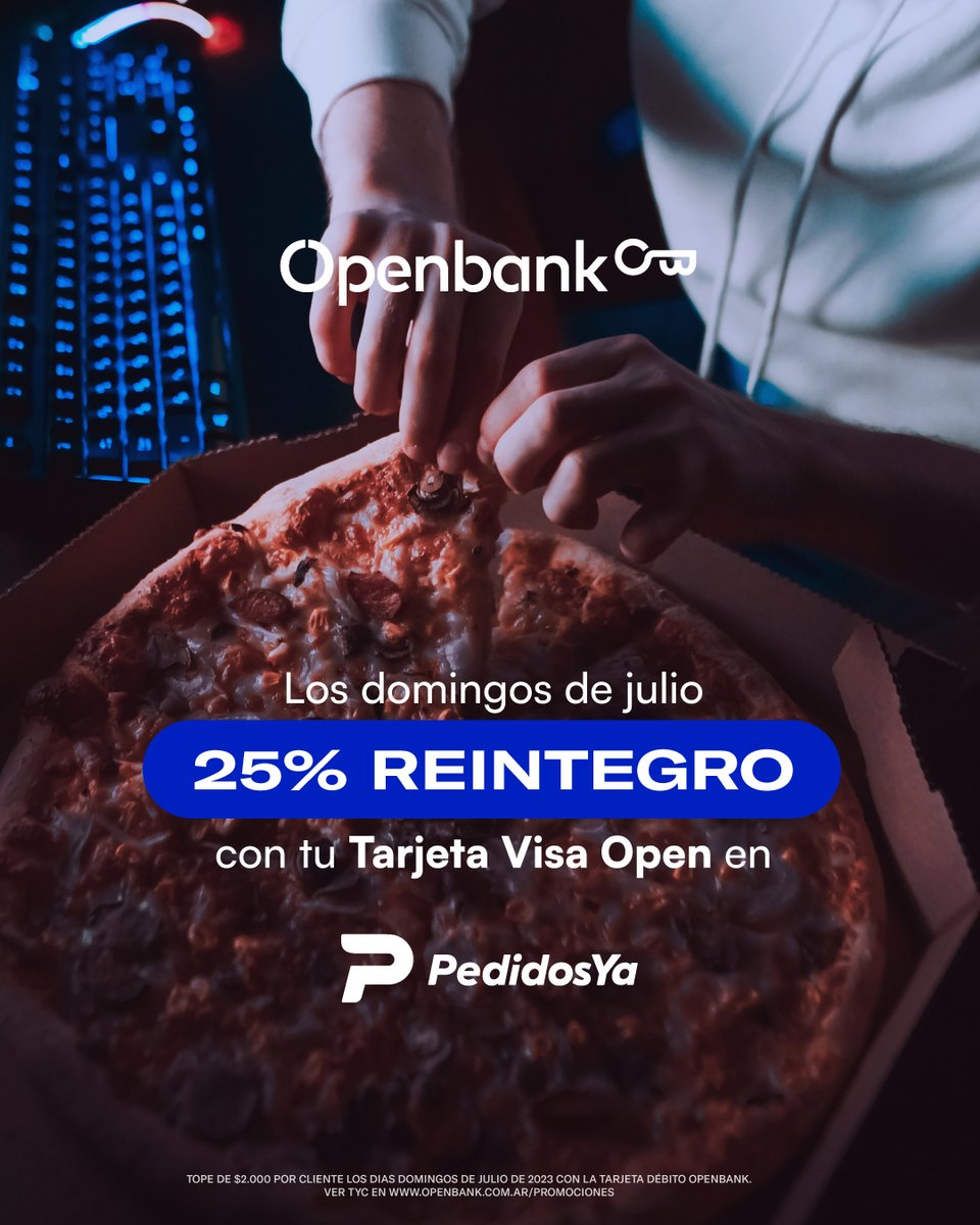 openbank_ar's tweet photo. Los domingos de julio, seguís teniendo un 25% de reintegro pagando con tu tarjeta Open VISA en PedidosYa, dentro de la categoría “Restaurante”. Tope a $2.000. 😉 ¿Qué te vas a pedir?

Aplican TyC. #WeAreOpen #Vivila #OpenbankArgentina https://t.co/sWs7LgDnFw