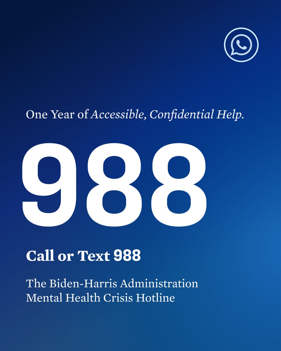 POTUS46Archive's tweet image. One year ago, we launched 988 — a national network of crisis centers to answer calls and texts from folks who need rapid mental health care.
 
Mental health affects all of us. And I remain committed to ensuring that every American has access to support when they need it.